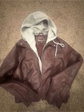 Blank NYC Burgundy Faux Leather Jacket with Gray Hood Insert